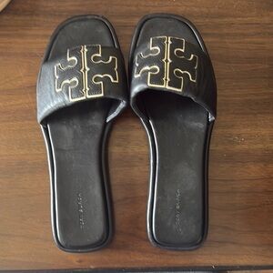 Tory Burch Black Leather Slide Sandals with Logo